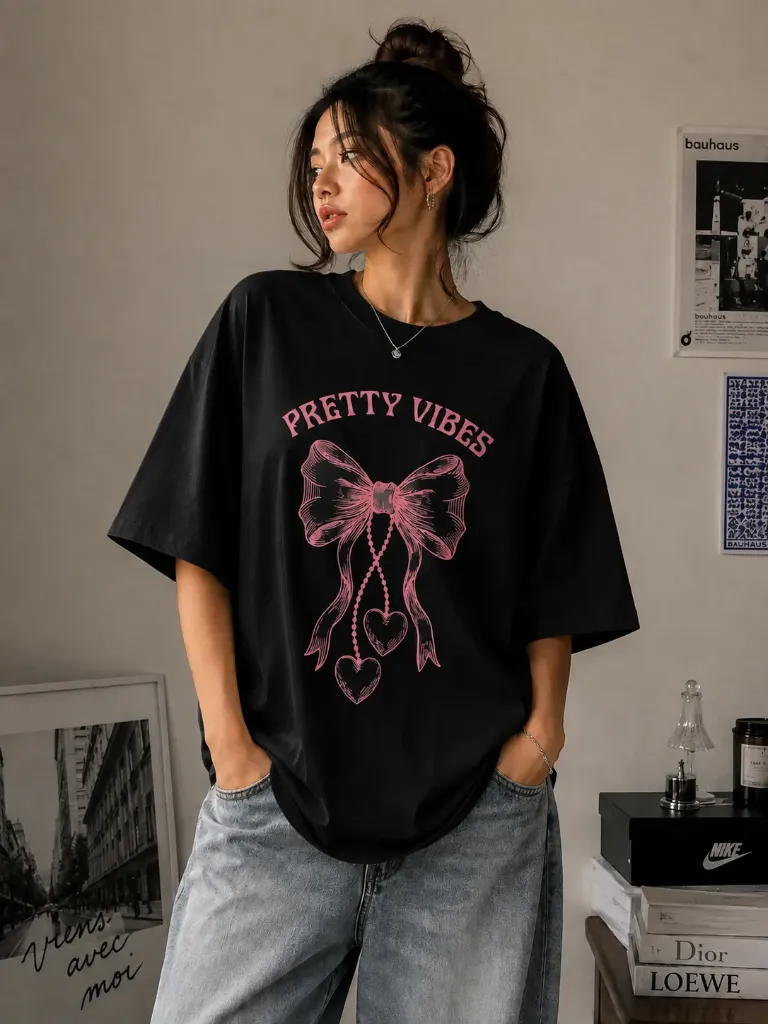 [Pretty-Black-Small] Pretty Vibes Oversize Tshirt (Black, Small)