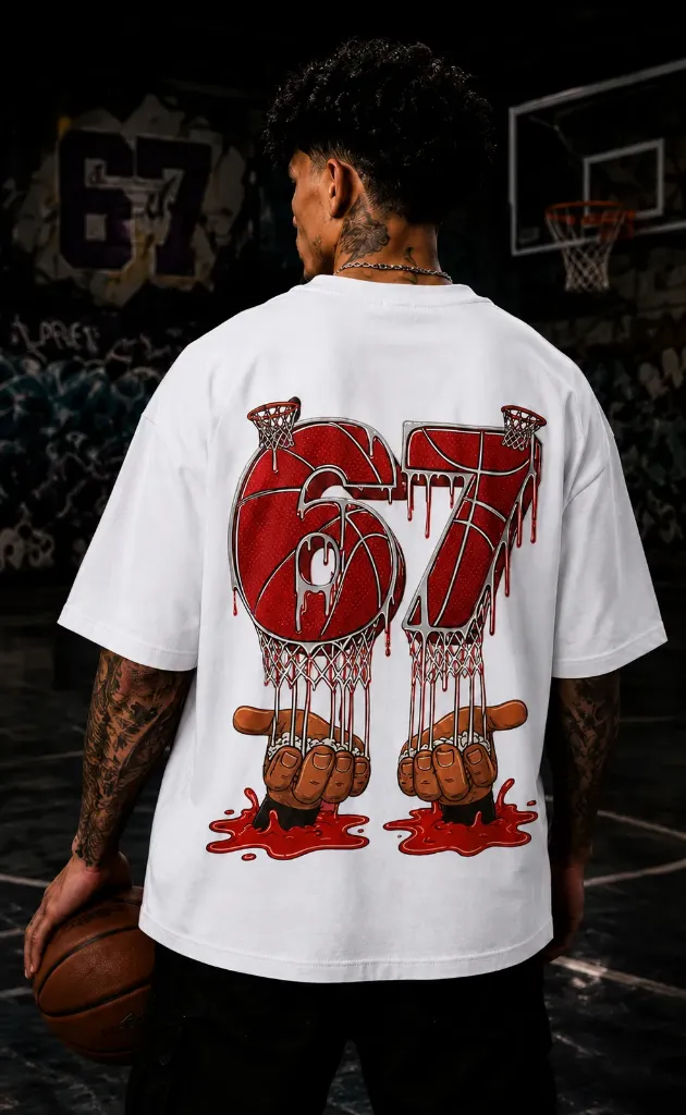 [67-White-Small] 67-Basketball Oversize Tshirt (White, Small)