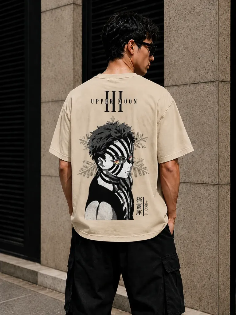 [Akaza-Beige-Small] Akaza - Demon Slayer Oversize Tshirt (Beige, Small)